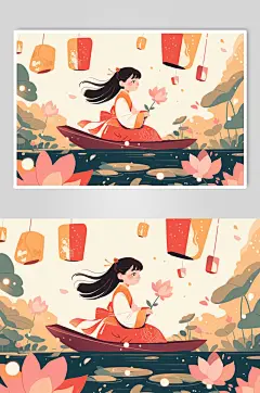 数字艺术中元节清明节放河灯古风人物插画