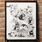 Ink on paper : Ink on paper,  framed black and white illustrations