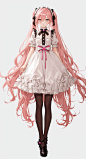 00074-179201279-1girl, solo,Cool tone, long Pink hair, White skirt,monochrome, dress, very long hair, bow, full body, bangs, shoes, white backgr