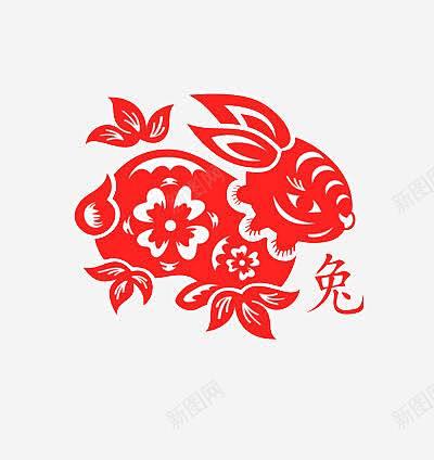 剪纸兔子 窗花 红色 艺术 花朵 元素 ...