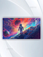 手绘宇航员在太空场景星系插画