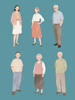 一套6个不同造型与角度的人物插画，保持手绘水彩风格，同色系配色，纯色背景，包含男女老少，姿势各异，规整排布的系列素材集合