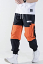Utility Pants Color-Block with Elastic Cuff street wear hiphop black orange drawstring long pants