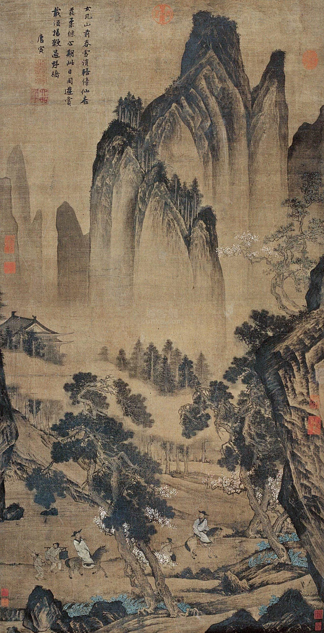 唐寅 春游文几山 立轴 设色绢本-花瓣网