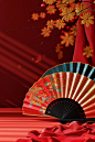 Golden fans and fans, red backdrop, and other decorations, in the style of vivid color blocks, fan ho, 3d, wrapped, neo-traditionalist, imitated material, trompe-l'oeil folds