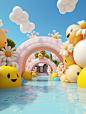 Clay, Inflatable black and white Mosaic, Balloon flowers, Swimming pool, yellow sky, blue water, pink, Inflatable model, C4D, 3D modes， Summer, IP by Pop mart, Pixar, Rich colour, Edge, octane