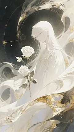 分享一组绝美的插画，白玫瑰与长发少年，在金与白的交织里，藏着轮回的神秘✨#AI绘画有点东西 #古风头像 #唯美图片 #小说设定人物 #ai #好看头像 #宝藏头像 #白茶与风吟 #动漫男生头像 #白玫瑰 - 小红书