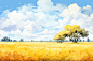 油画风夏日乡村田园花朵草坪风景插画