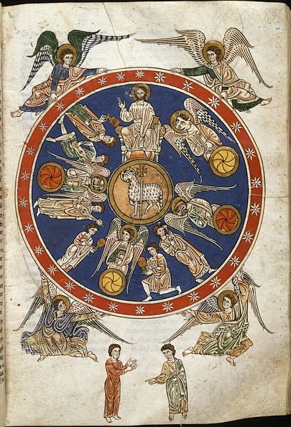 46宝座前好像一个玻璃海如同水晶宝座中和宝座周围有四个活物前后遍体