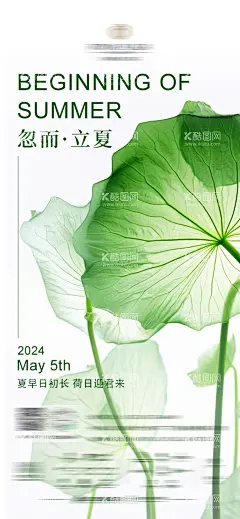 酒店立夏海报  - 源文件下载【酷图网】海报,酒店,二十四节气,立夏,荷叶,叶脉,简洁,