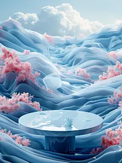 AI建模-渲染-山林间-蓝-花-展示台