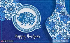 瓷瓶瓷盘 己亥猪年 剪纸 牡丹花 青花瓷 2019年新年海报AI 20190003