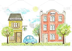 水彩构成的药房和医院建筑和汽车周围的自然