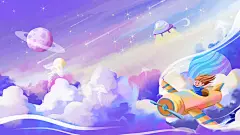 儿童节插画六一快乐节日唯美梦幻云层孩子孩童小孩飞机星球唯美唯美插画背景[mp4+gif]