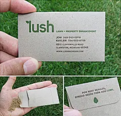 Lush:装满种子的名片
这家贩售草皮的公司将名片做成小信封，一打开来里面是草皮的种子后面告诉你，要种出到最好的草皮，撒下种子然后加上他们的肥料名片还可以顺便打广告，一拿到名片就知道公司在做什么的
