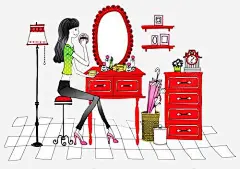 手绘女生在化妆 平面电商 创意素材