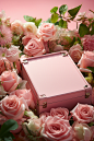 a pink box surrounded by fresh roses and green leaves, in the style of nature-inspired imagery, simplicity, monochromatic color palettes, 32k uhd, lively tableaus, pastel hues, kitsch aesthetic, delicacy of touch