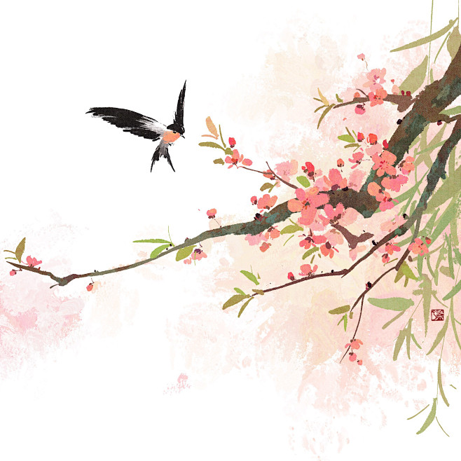 桃花 粉色 燕子 古风 花卉 花鸟 安静...