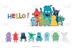 可爱的怪物角色插图。