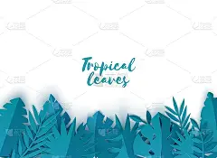边界的夏季热带树叶在剪纸风格。创意工艺蓝色丛林植物收集在白色的背景。创意矢量卡插图剪纸艺术风格。