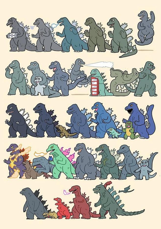 150_art by Hamish Steele - one last Godzilla family ensemble. Godzilla ...