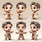 Chinese style shop Xiaoer, happy boy, brown robe, full-body shot, 6 different actions and laughing out loud, 2.5D, isometric, White background, fine luster, POPMART blind box, 3D render, C4D, chibi, Blender, best quality, perfect details --v 5.2