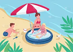 母亲与孩子在沙滩上平坦的彩色矢量插图。男孩在建沙堡，女孩在充气泳池里游泳。家庭夏季活动2D卡通人物与