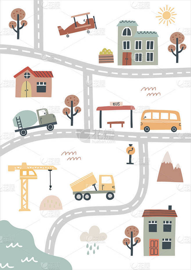 Cute town map. Hand drawn vector illustration for -花瓣网