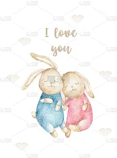 水彩隔离可爱的水彩兔子小鼠小角。苗圃兔例证。婴儿海报。时尚的粉红色卡通动物。生日请柬, 贺卡和庆祝明