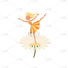 美丽的金发仙女在雏菊上跳舞。幻想中的童话人物，长着神奇的翅膀。女孩穿着橘色的裙子。彩色平面矢量设计