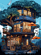 夜晚林中小屋