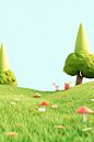 grassy landscape with trees, flowers and grass, in the style of minimalist objects, rendered in cinema4d, adorable toy sculptures, minimalist backgrounds, vibrant cartoonish, high resolution, 20 megapixels