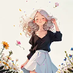 女孩、鲜花、插画