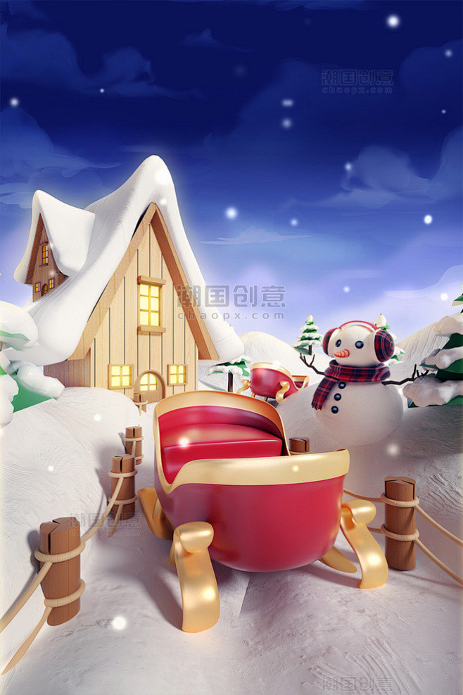 3D冬天冬季下雪圣诞节雪橇圣诞场景图片_...