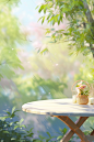 a empty table beside the trees, in the style of minimalist backgrounds, soft, romantic scenes, 32k uhd, chinese cultural themes, contest winner, outdoor scenes, sunny impressionism