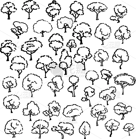 trees sketch set cartoon vintage ink draw素材-花瓣网