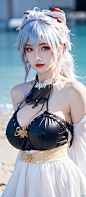  (((1 girl))), (medium breasts:), ((upper body:0.7)), half body photo, female solo, depth of field, blue earrings, blue jewelry, off-shoulder white shirt, black tight skirt, (at beach), blonde hair, photorealistic:1.3, realistic), highly detailed CG unifi