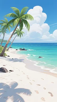 明亮的热带海滩场景，细腻的动画风格插画，纯净的白色沙滩上布满自然的脚印纹理，几棵高大茂盛的绿色椰子树倾斜着生长，宽大的叶片在微风中舒展，远处是层次分明的蓝绿色海水，从近岸的透明浅蓝渐变为深海的靛蓝，海面上点缀着零星的白色浪花，岸边散落着几块深色礁石，天空中漂浮着蓬松的白色积云，整体色调明快清新，充满夏日度假的悠闲氛围，画面构图遵循三分法，沙滩占据前景，海水和天空形成开阔的背景，光影柔和，呈现出温暖治愈的视觉效果。