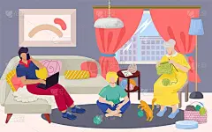 家人在家吃饭，矢量插画。快乐的人和人共进晚餐，妈妈、爸爸、女儿、爷爷奶奶坐在一起吃饭。