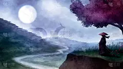 一个幻想中的风景，一个武士女孩站在粉色树下的岩石上，还有一条神秘的森林龙，躲在浓雾和云雾中的蓝色山丘