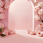 A clean pink background, arches, many light roses, the overall color is light pink, fresh, photography, maximum resolution, maximum perfectionism, realistic composition, professional photography, skilled technology, best quality, perfect results, best cla