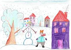 有趣的孩子在雪人旁边玩耍。孩子画画