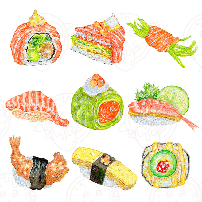 美食 寿司 和风 日本 水彩手绘插画 好...