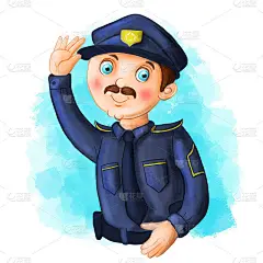 儿童卡通插画形象的一名警察，一名身穿警服的男子，蓝色制服配以幼稚的领带设计