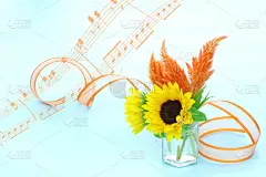 花束,玻璃杯,向日葵,合成图像,贺卡,留白,水平画幅,无人,夏天,音符