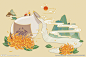 重阳节菊花白酒传统插画卡通背景