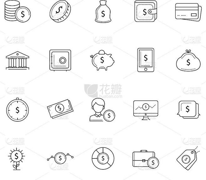 一套20钱和pyament细线图标。