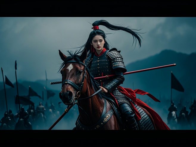 中国古代女武士，骑在马上，身穿贴身铠甲，拿着红缨枪，远处背景是古代战场，马脸部看向镜头，女武士眼睛看着远方，画面昏暗，战争硝烟