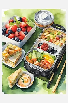 AI数字艺术便当盒美食水彩插图-众图网
