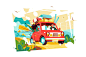Man travelling by car, road trip with family vector illustration. Summer travel flat style concept. Time to travel